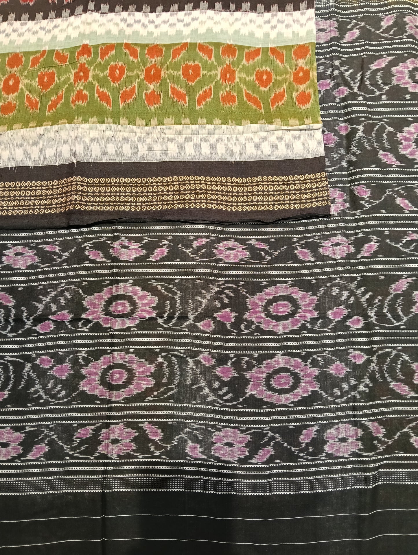Green white and black cotton sambalpuri saree - Tilottama