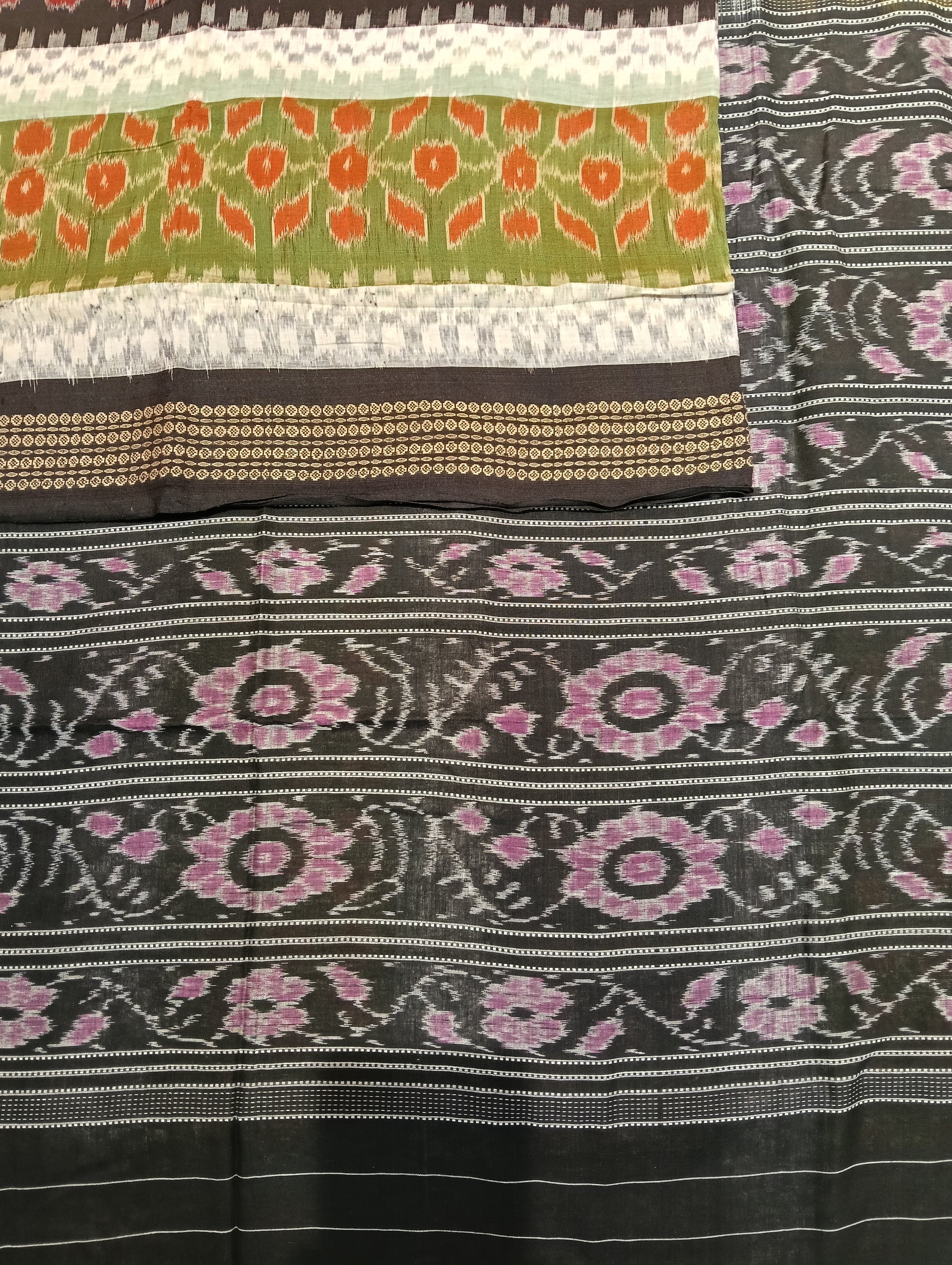 Green white and black cotton sambalpuri saree - Tilottama