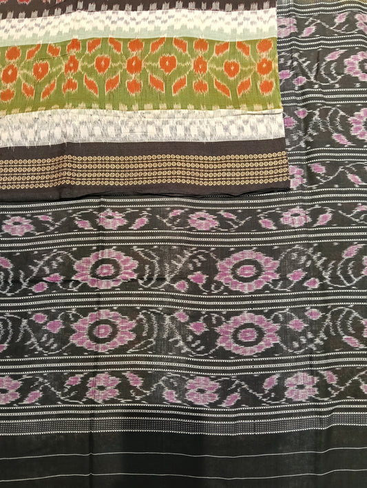 Green white and black cotton sambalpuri saree - Tilottama