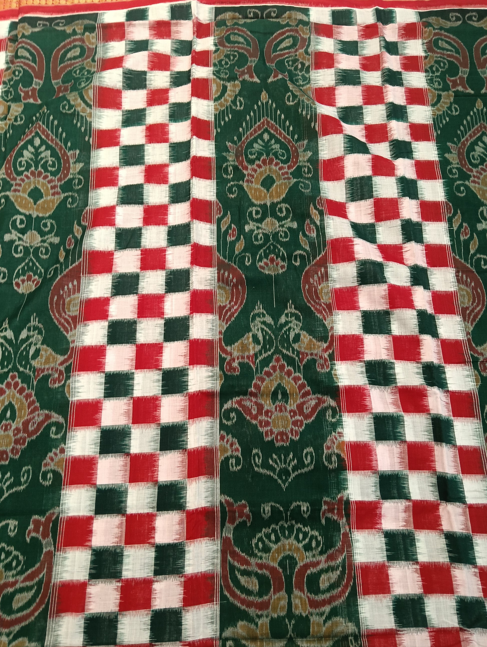 Green white red sapta cotton saree - Tilottama