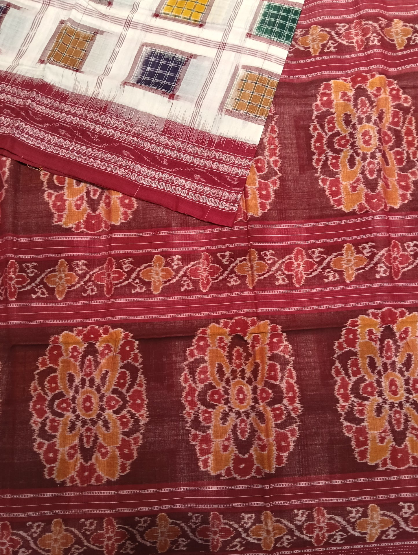 White merron green aswini cotton sambalpuri  saree - Tilottama