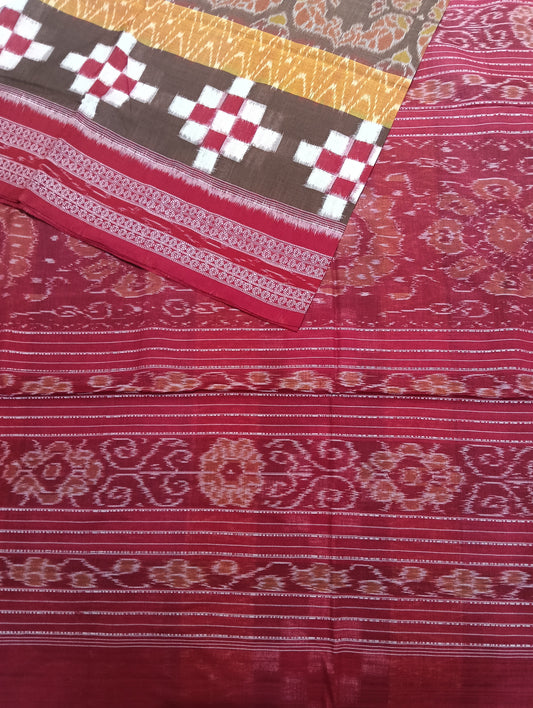 Yellow red white sapta cotton sambalpuri saree - Tilottama