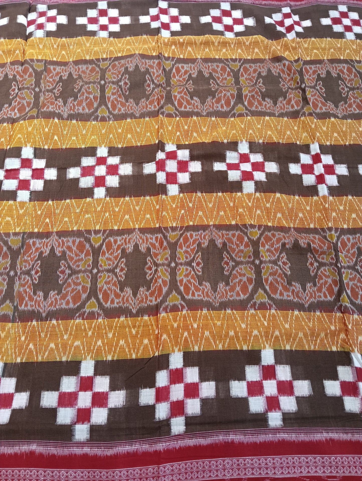 Yellow red white sapta cotton sambalpuri saree - Tilottama