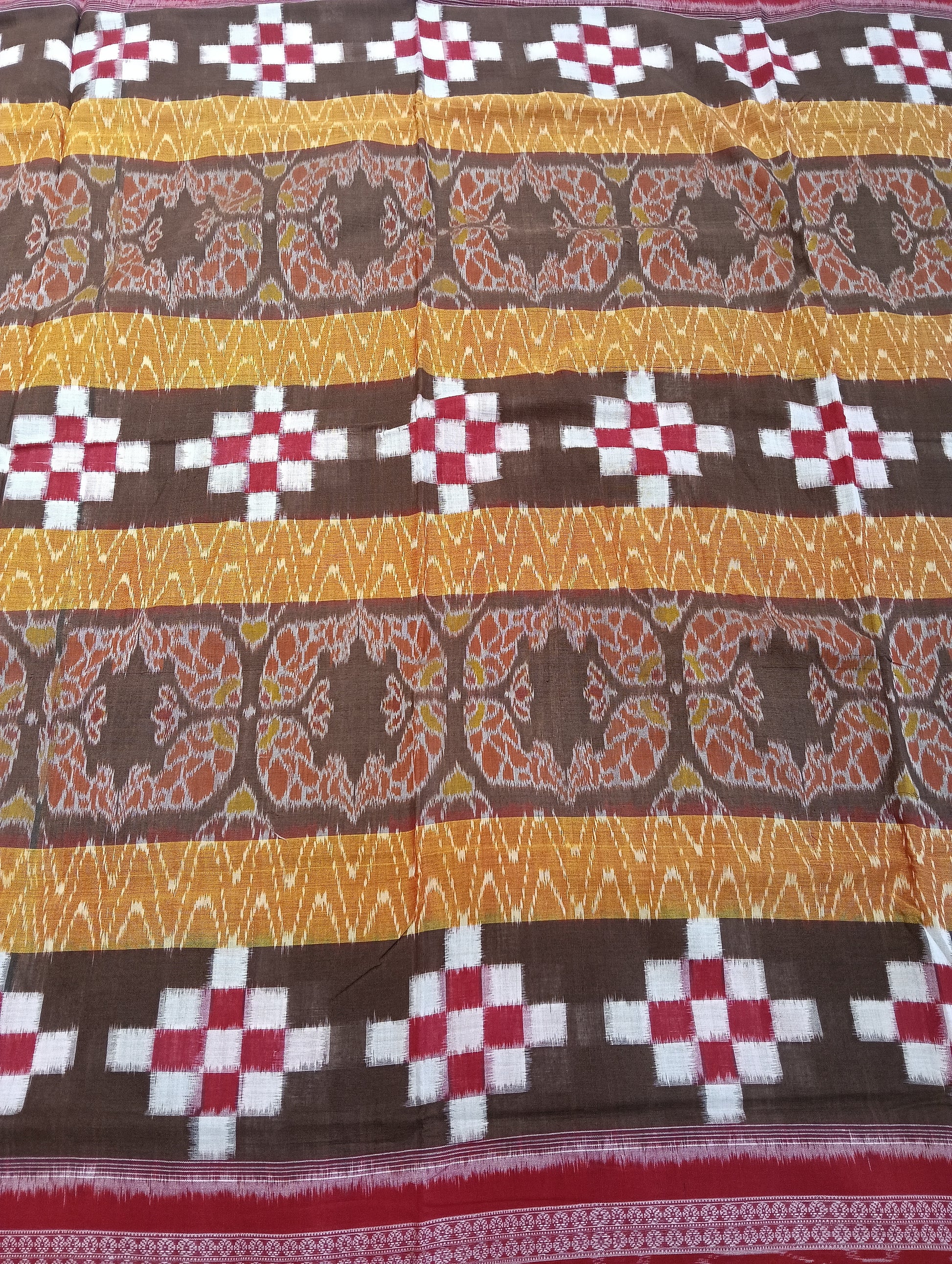 Yellow red white sapta cotton sambalpuri saree - Tilottama
