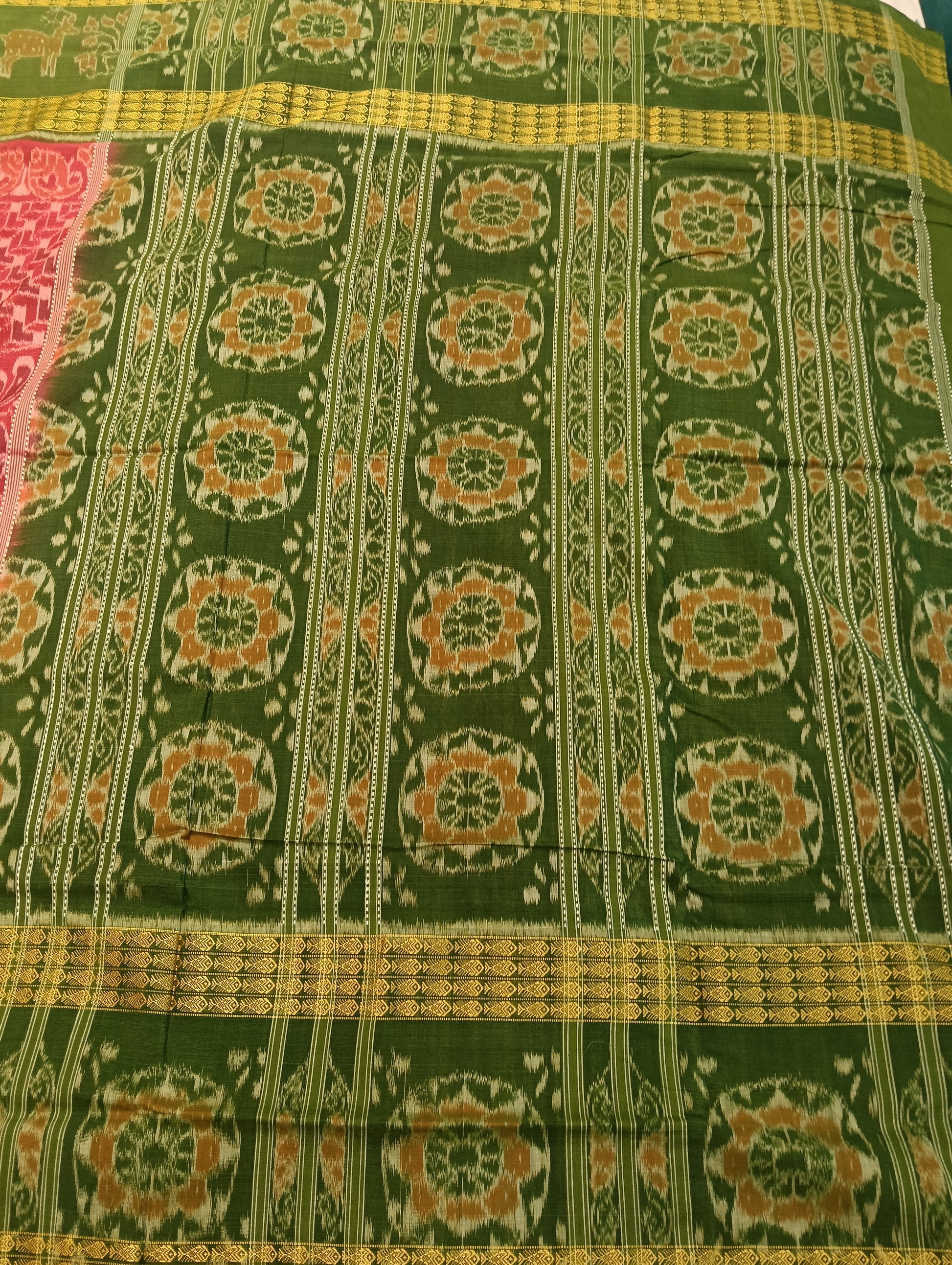 Pink green double border ikat cotton sambalpuri saree - Tilottama