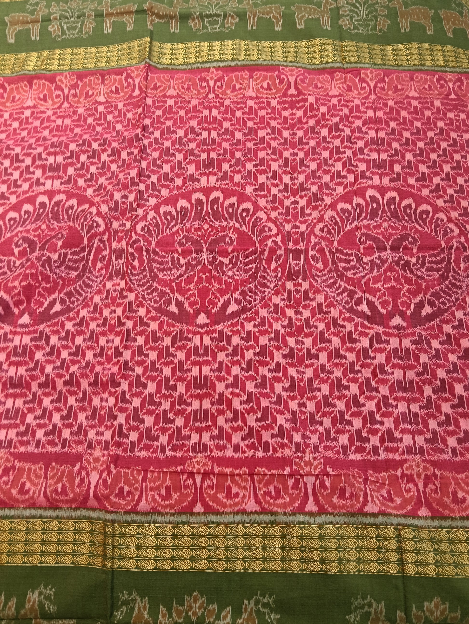 Pink green double border ikat cotton sambalpuri saree - Tilottama