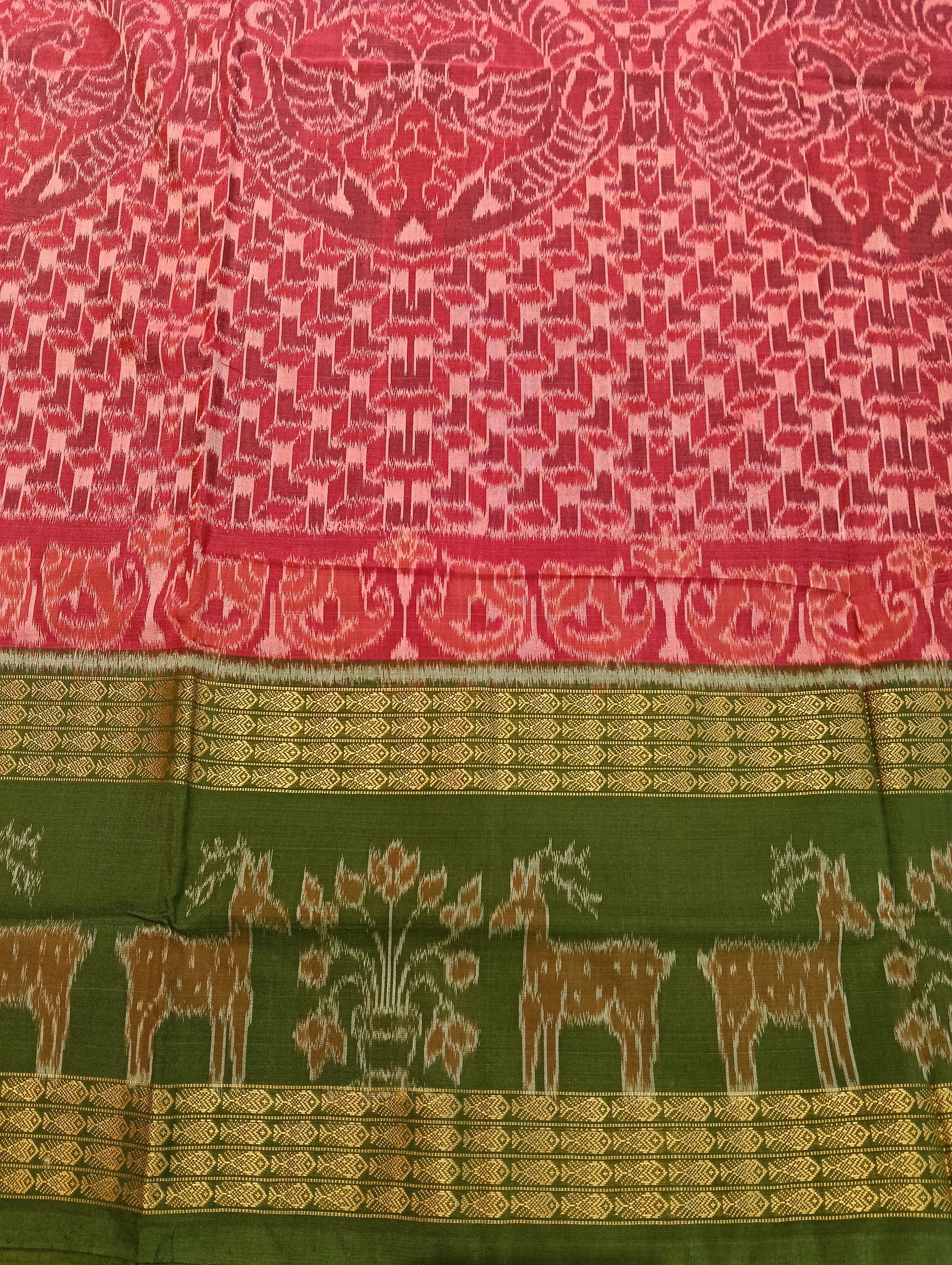 Pink green double border ikat cotton sambalpuri saree - Tilottama