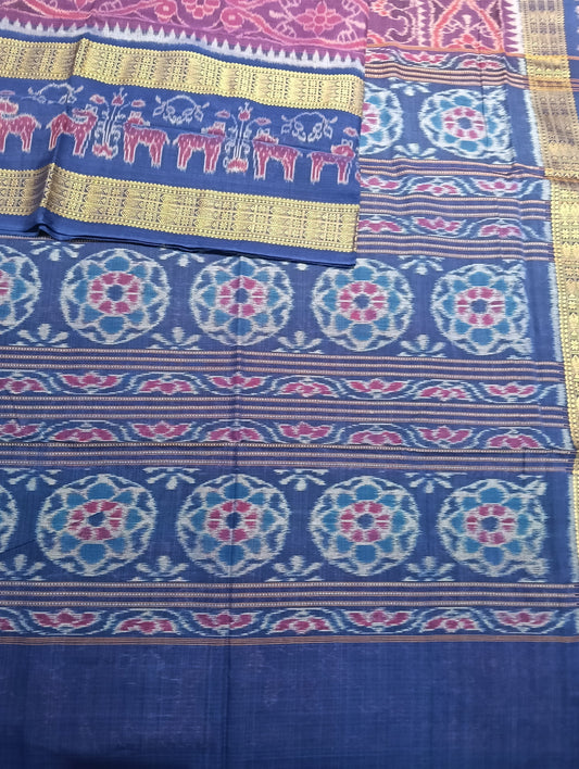 Purpal blue double border ikat cotton sambalpuri saree - Tilottama