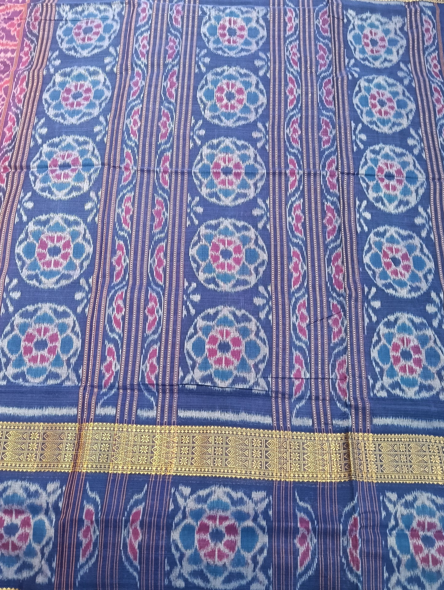 Purpal blue double border ikat cotton sambalpuri saree - Tilottama