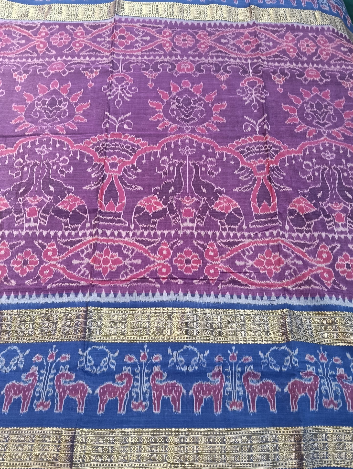Purpal blue double border ikat cotton sambalpuri saree - Tilottama