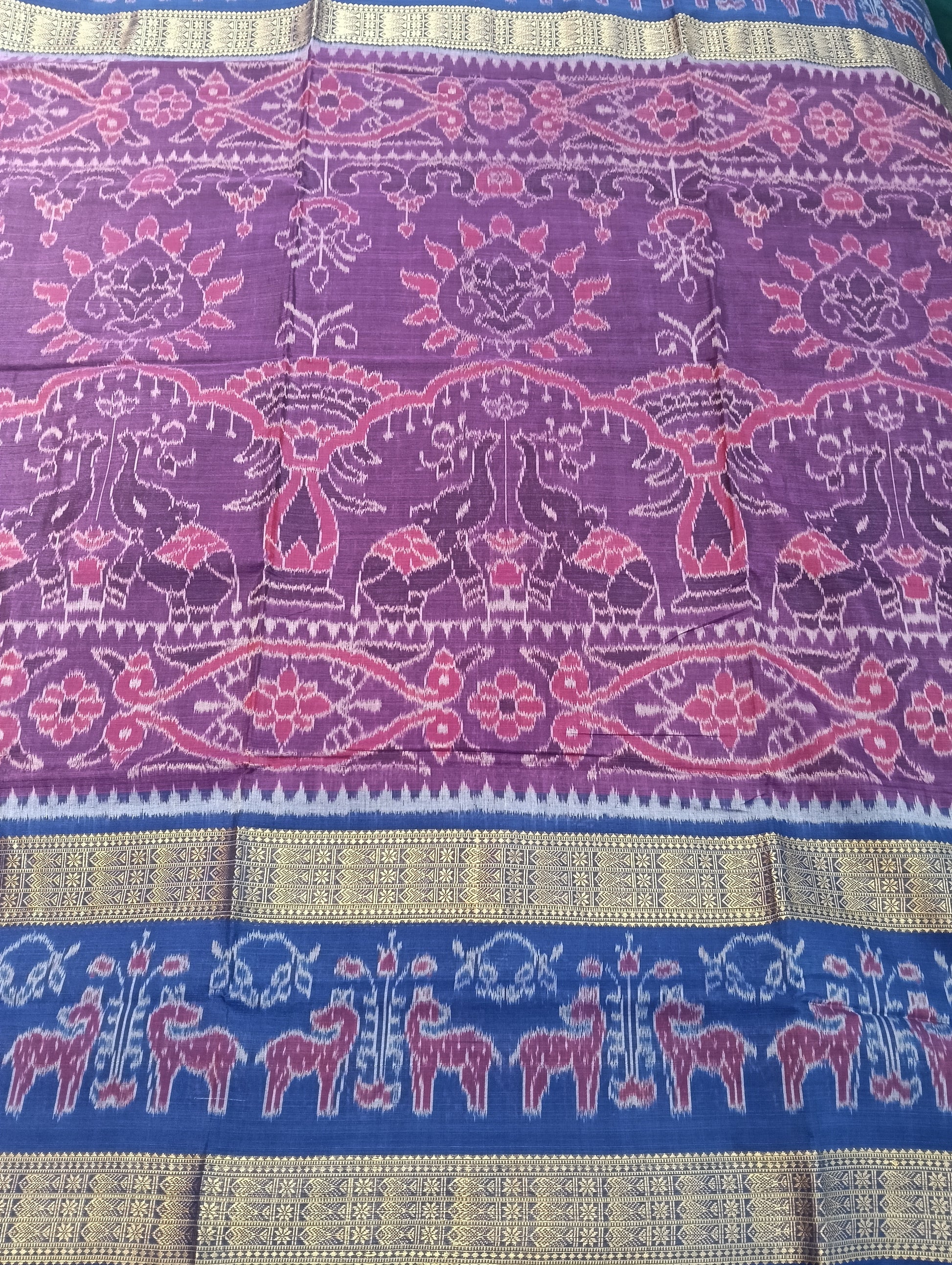 Purpal blue double border ikat cotton sambalpuri saree - Tilottama