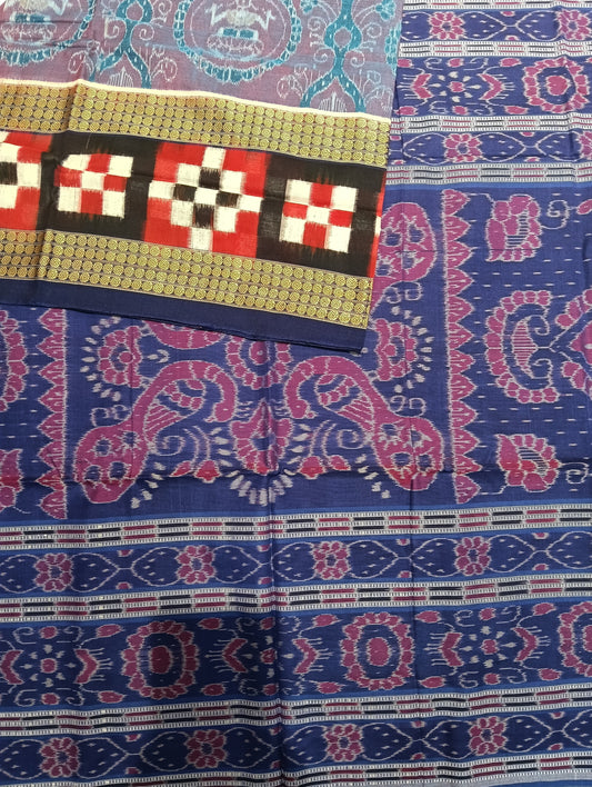 Blue white red sapta cotton sambalpuri saree - Tilottama