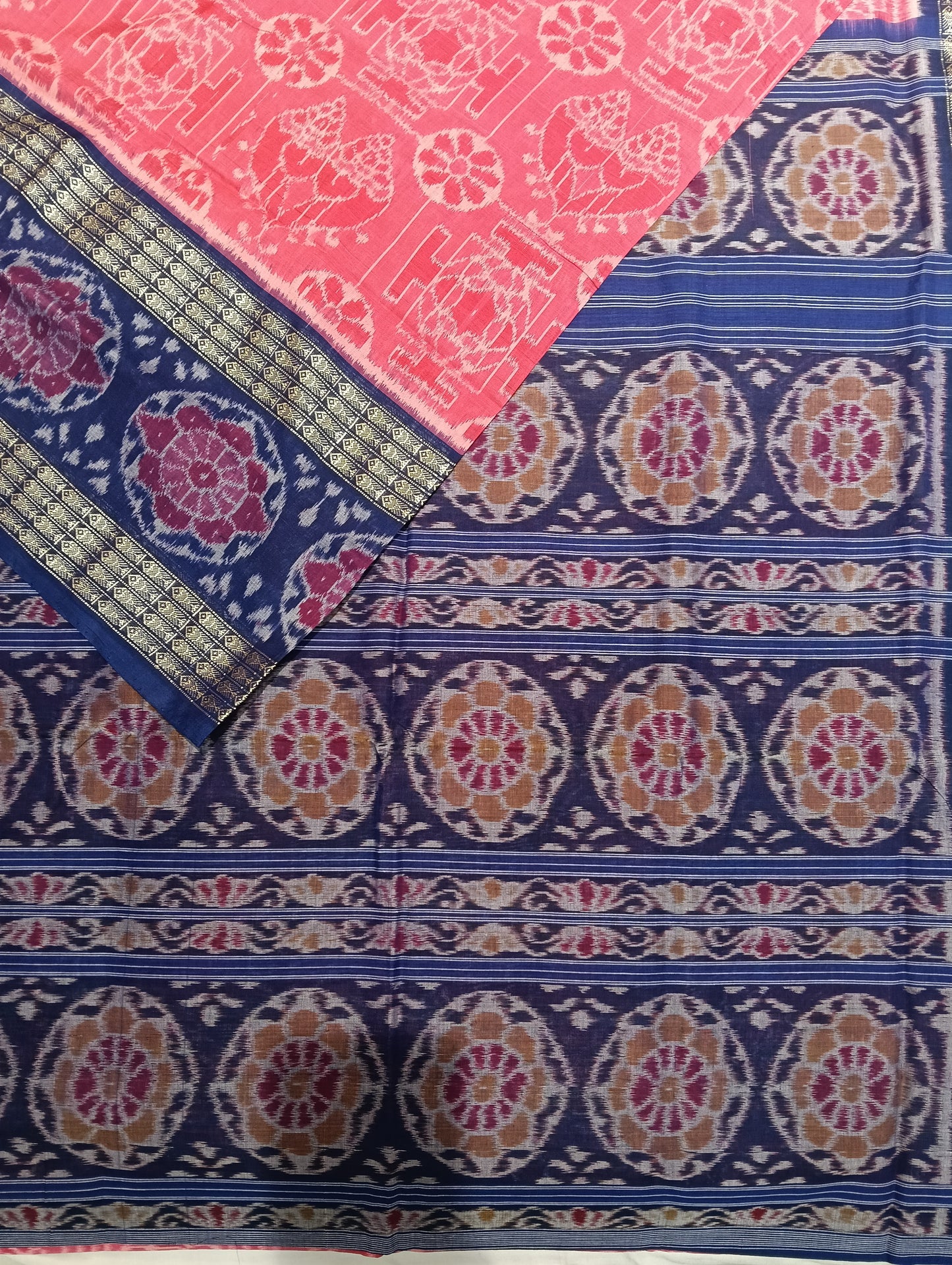 Pink blue double border cotton sambalpuri saree - Tilottama