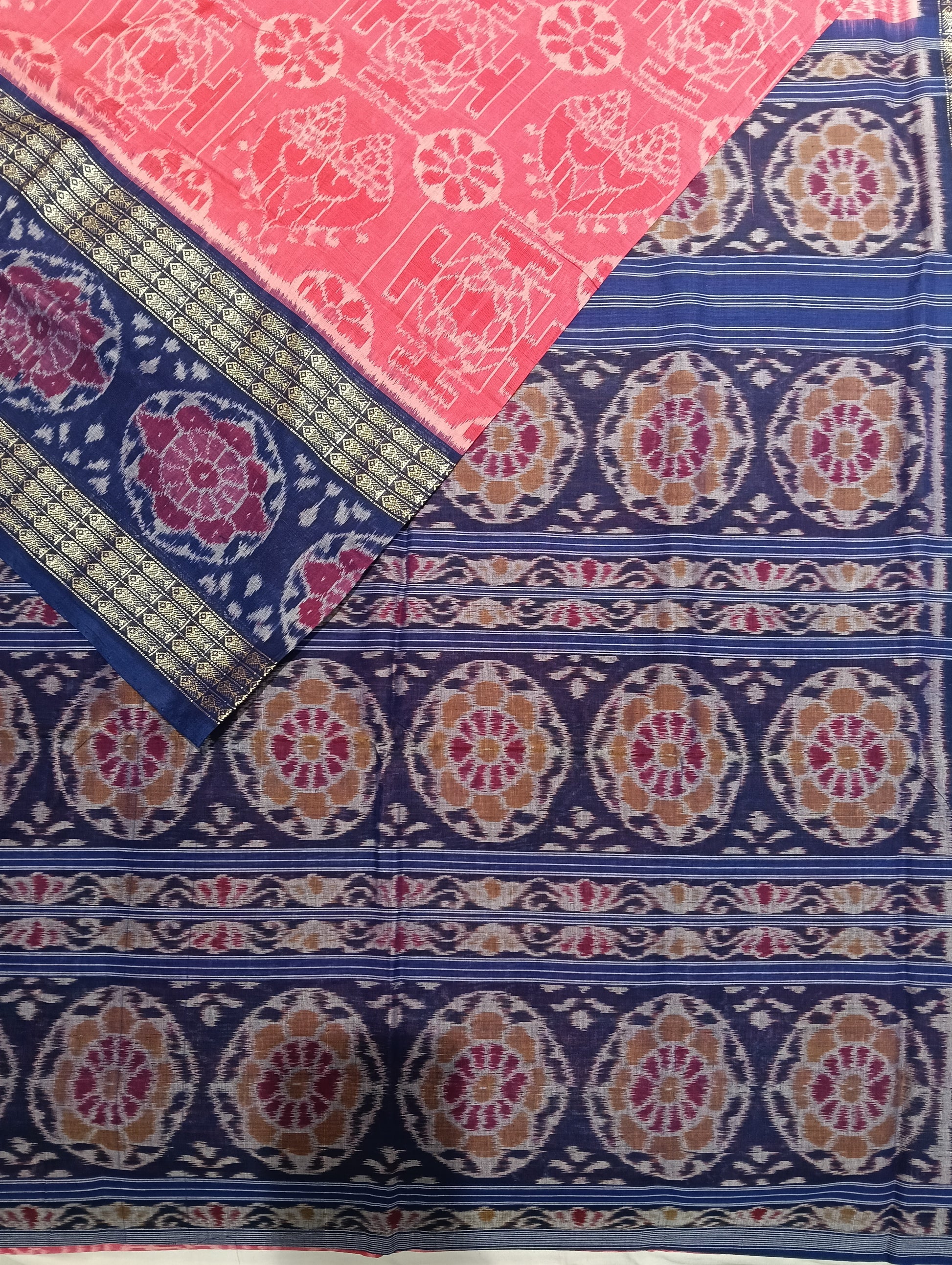 Pink blue double border cotton sambalpuri saree - Tilottama