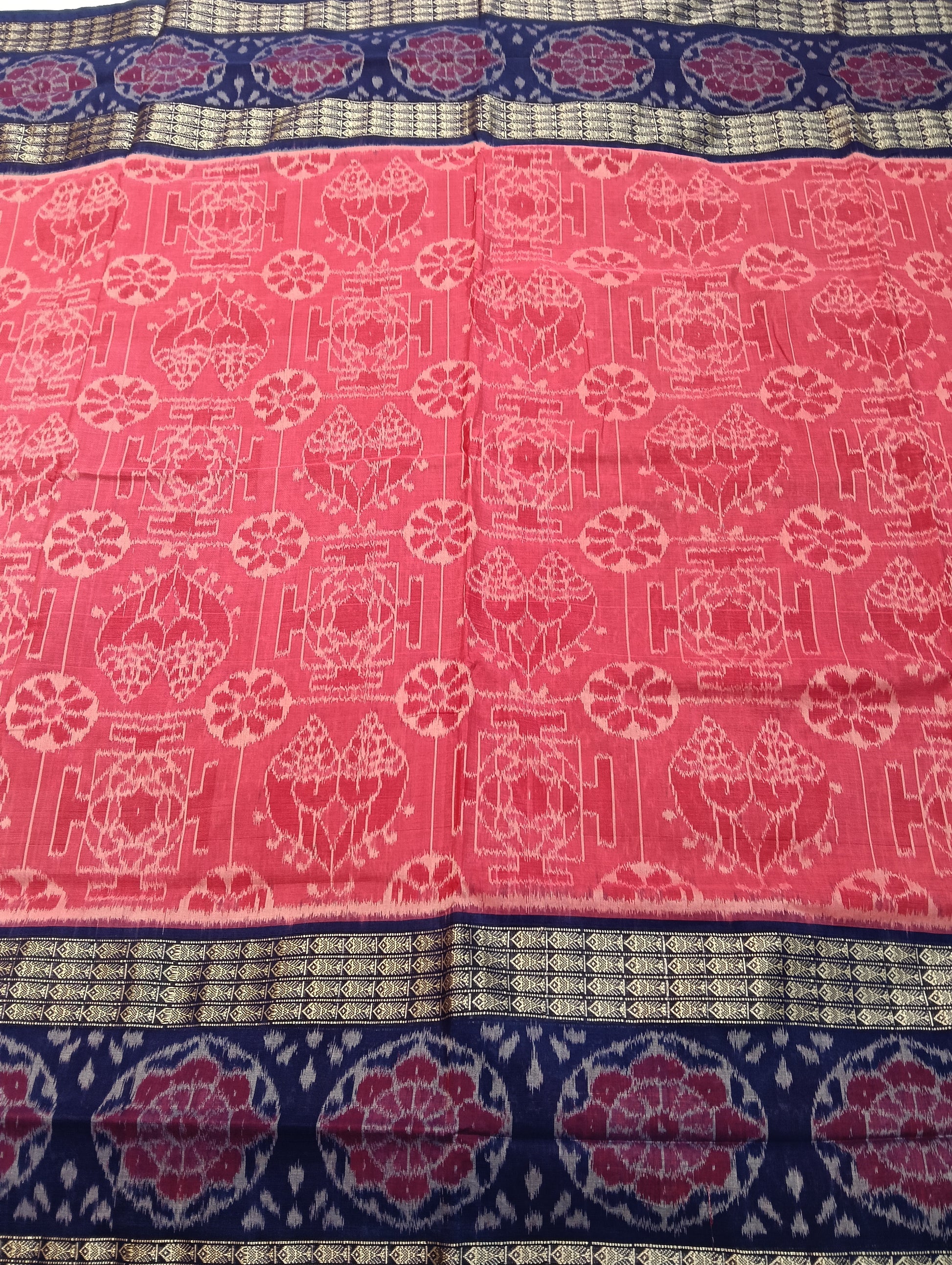 Pink blue double border cotton sambalpuri saree - Tilottama