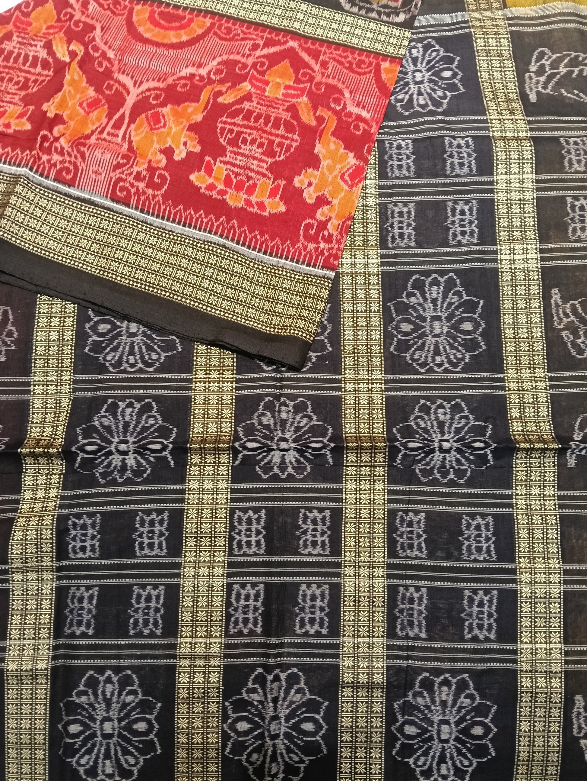 Black red yellow 6th border cotton ikat sambalpuri saree - Tilottama