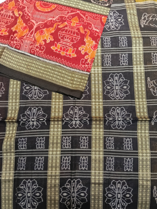Black red yellow 6th border cotton ikat sambalpuri saree - Tilottama