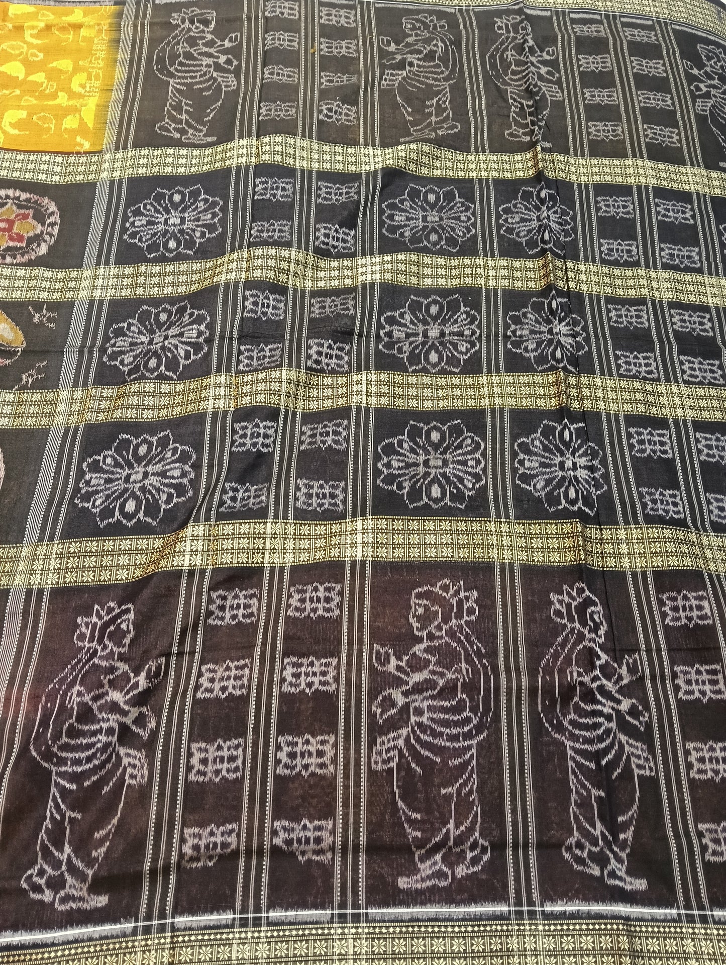 Black red yellow 6th border cotton ikat sambalpuri saree - Tilottama