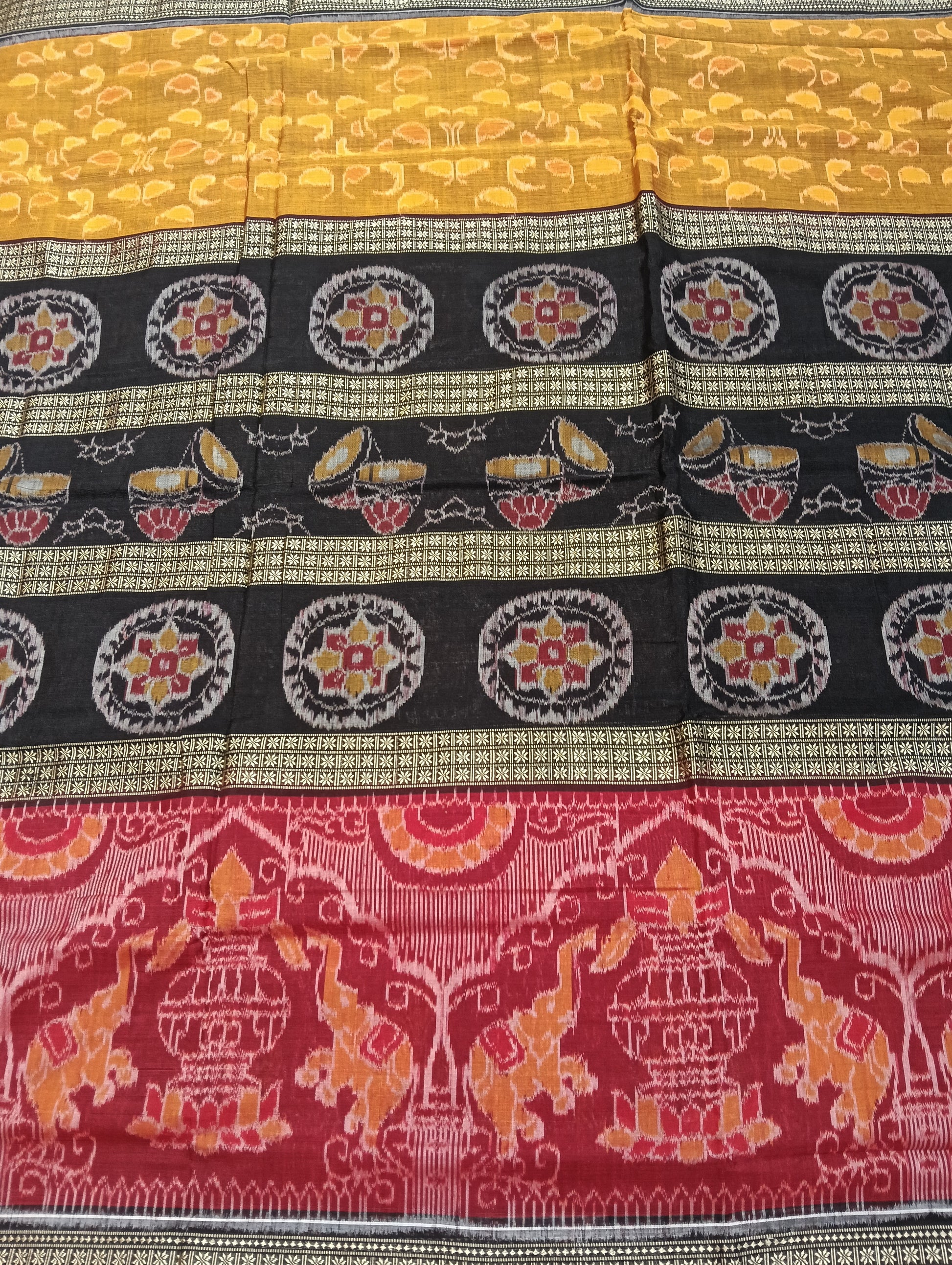 Black red yellow 6th border cotton ikat sambalpuri saree - Tilottama