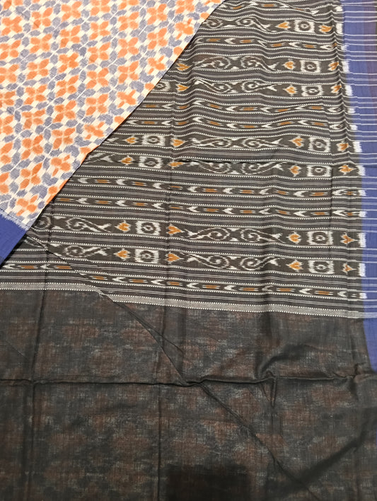 White orange blue plane border cotton sambalpuri saree - Tilottama