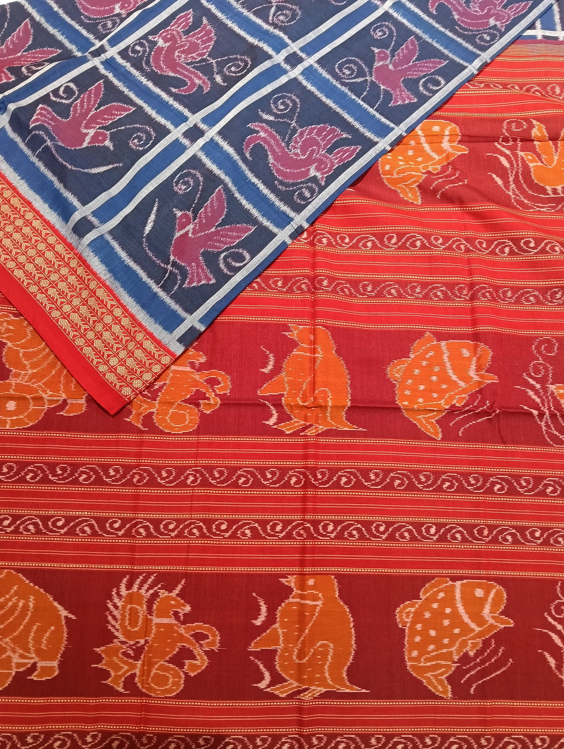 Blue red cotton sambalpuri sarer - Tilottama