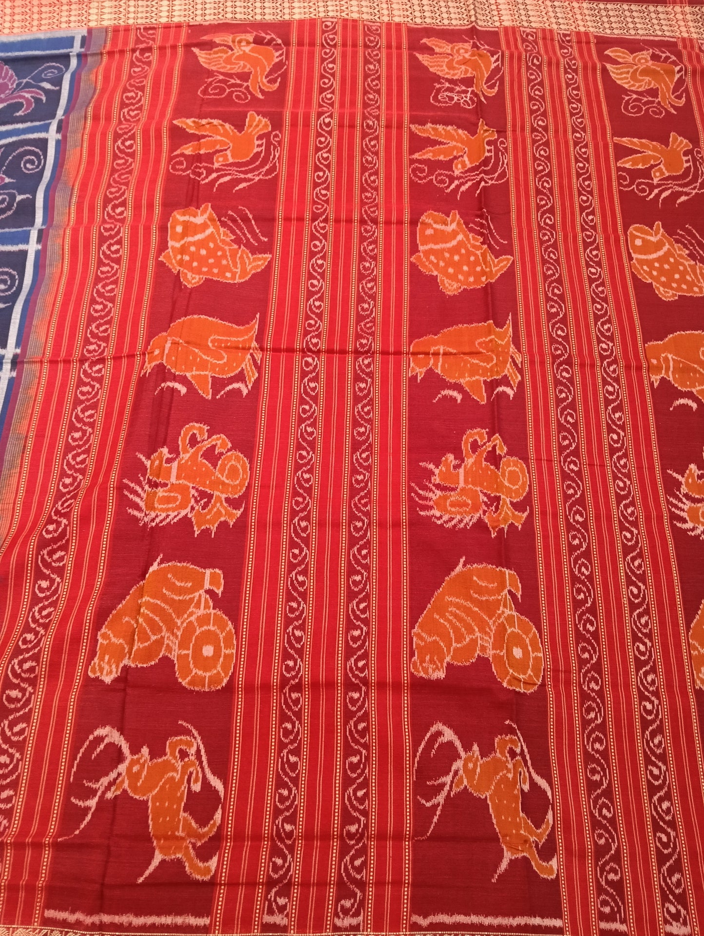Blue red cotton sambalpuri sarer - Tilottama