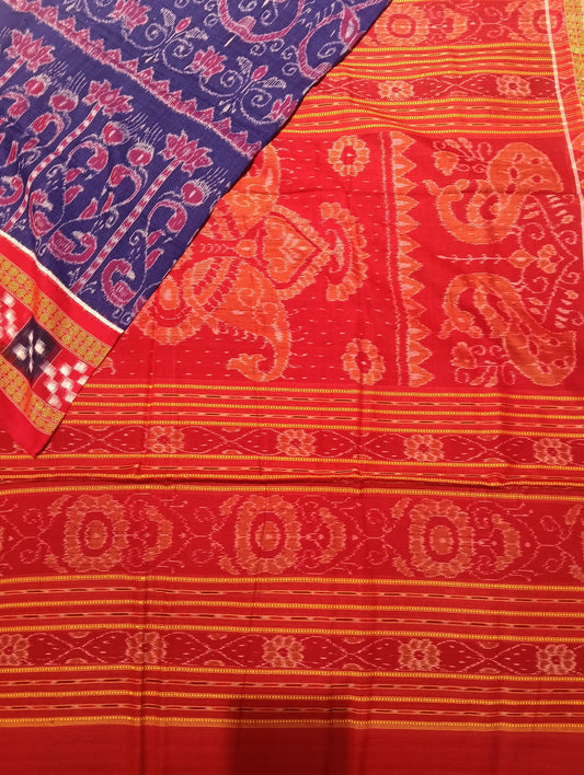 Blue red sapta boder cotton sambalpuri saree - Tilottama