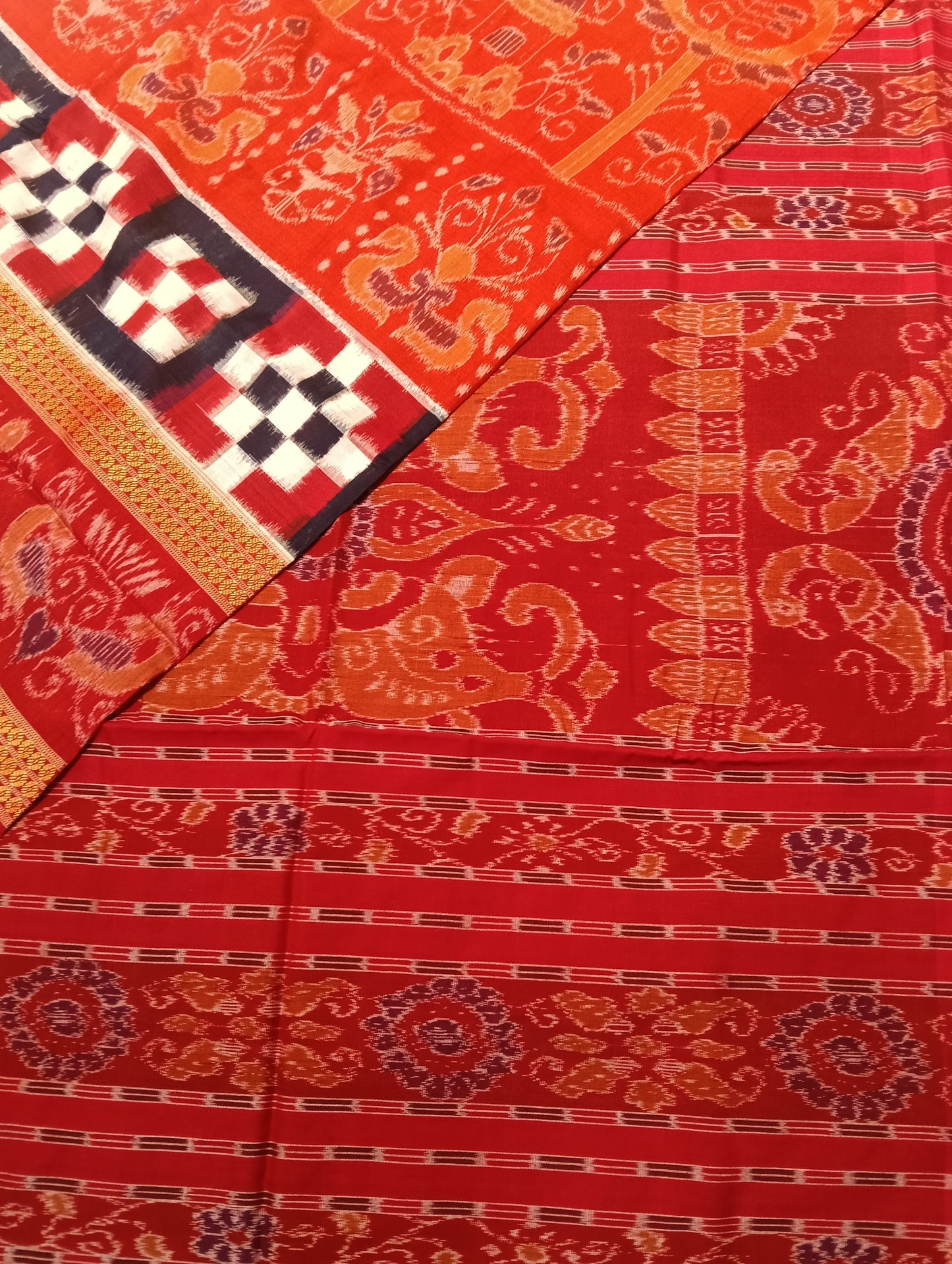 Orange red double border sapta cotton sambalpuri saree - Tilottama