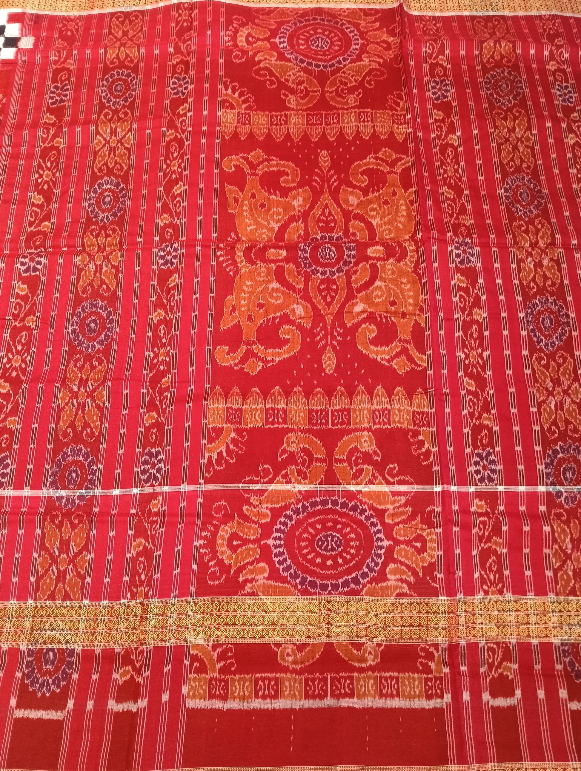 Orange red double border sapta cotton sambalpuri saree - Tilottama
