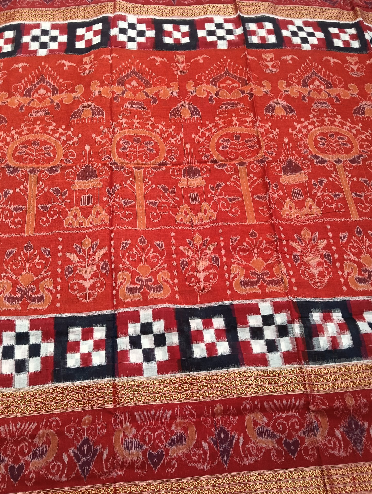 Orange red double border sapta cotton sambalpuri saree - Tilottama