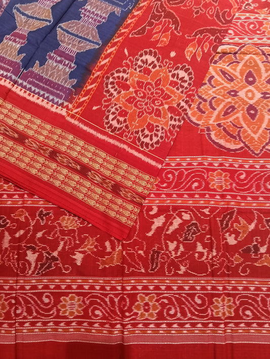 Blue marron ikat cotton sambalpuri saree - Tilottama