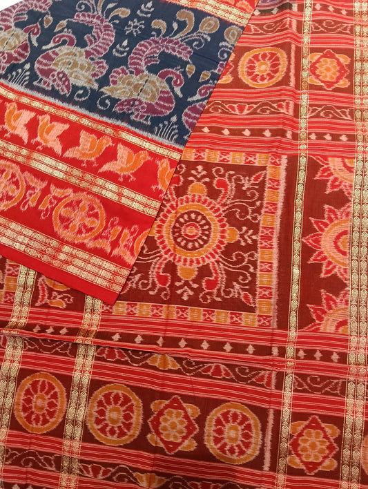 Blue red 8th border ikat sambalpuri saree - Tilottama