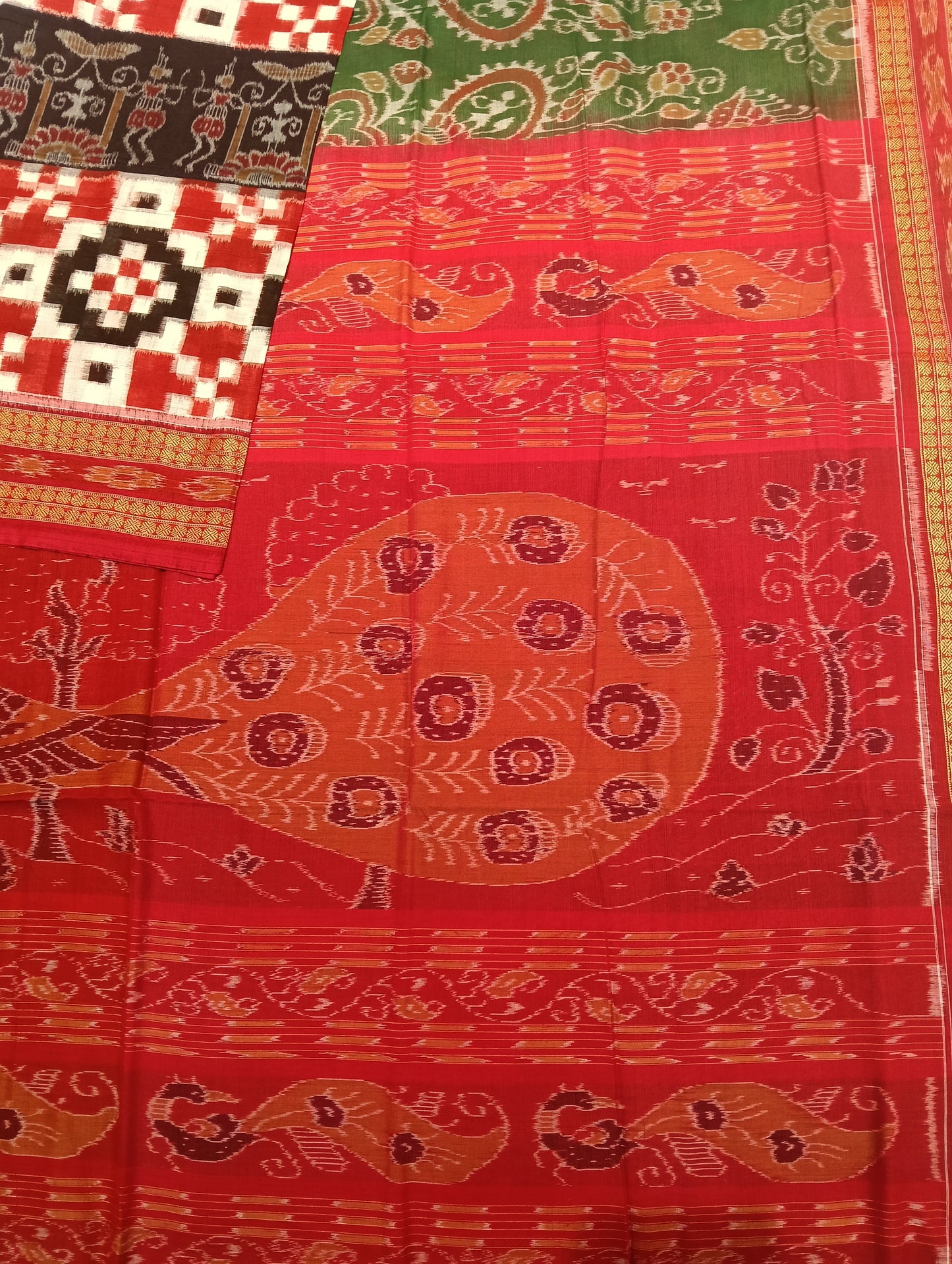 Green red white sapta cotton sambalpuri saree - Tilottama