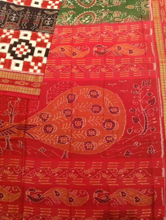 Green red white sapta cotton sambalpuri saree - Tilottama