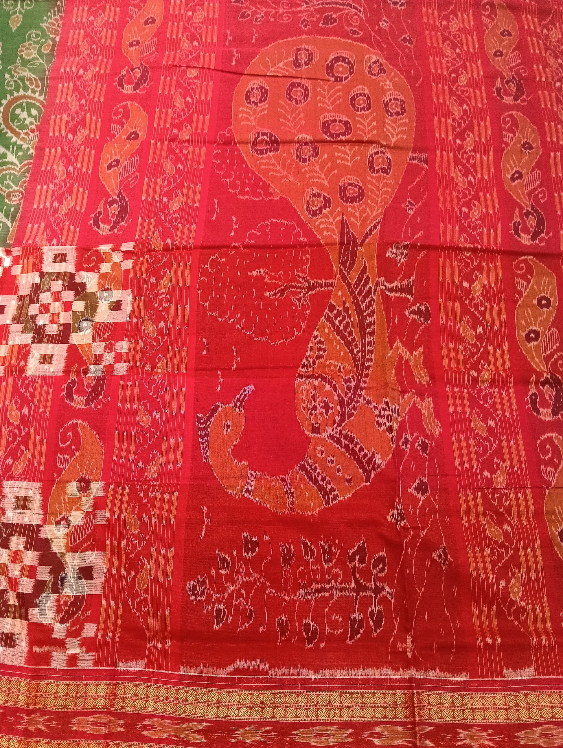 Green red white sapta cotton sambalpuri saree - Tilottama