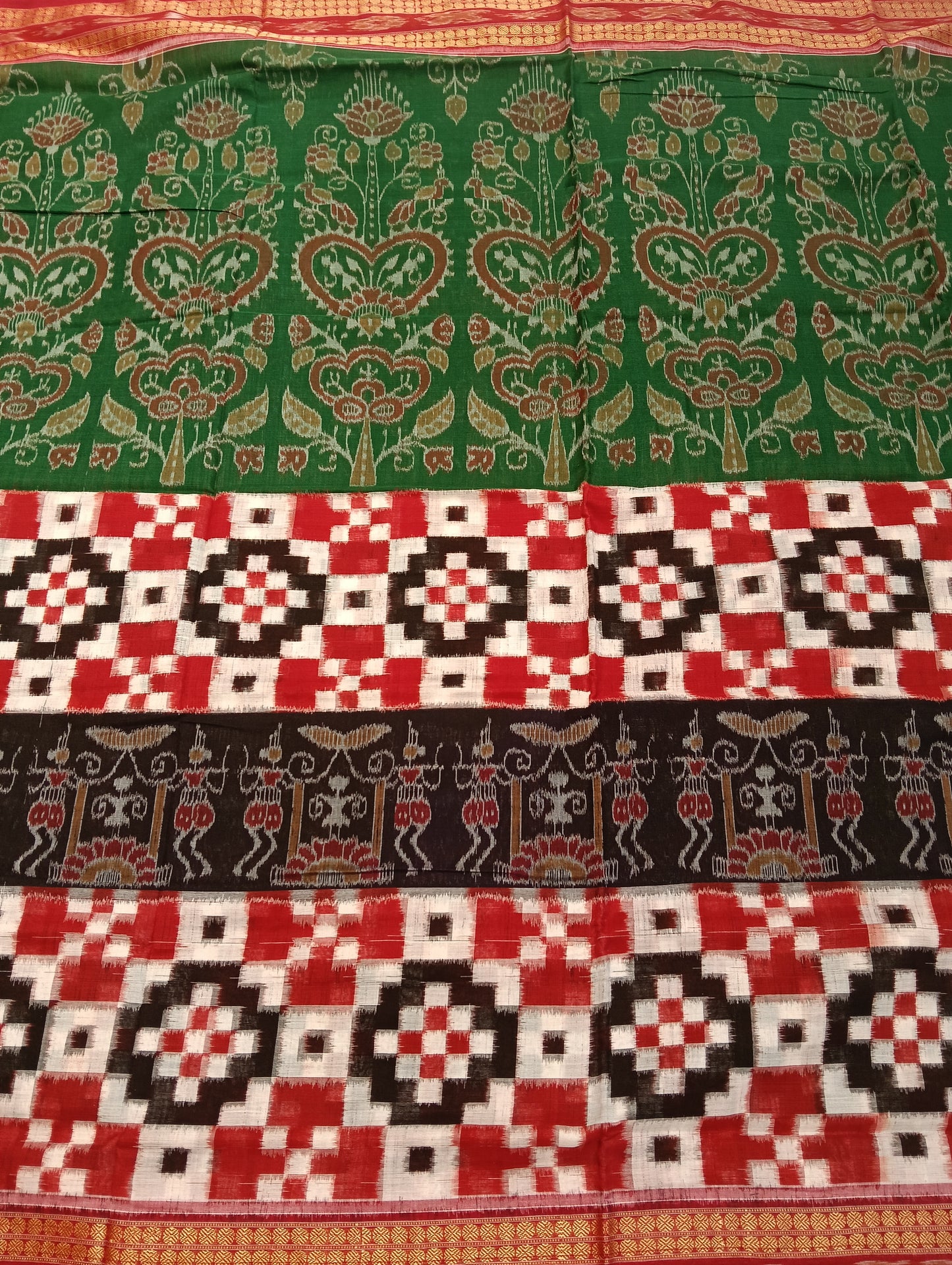 Green red white sapta cotton sambalpuri saree - Tilottama
