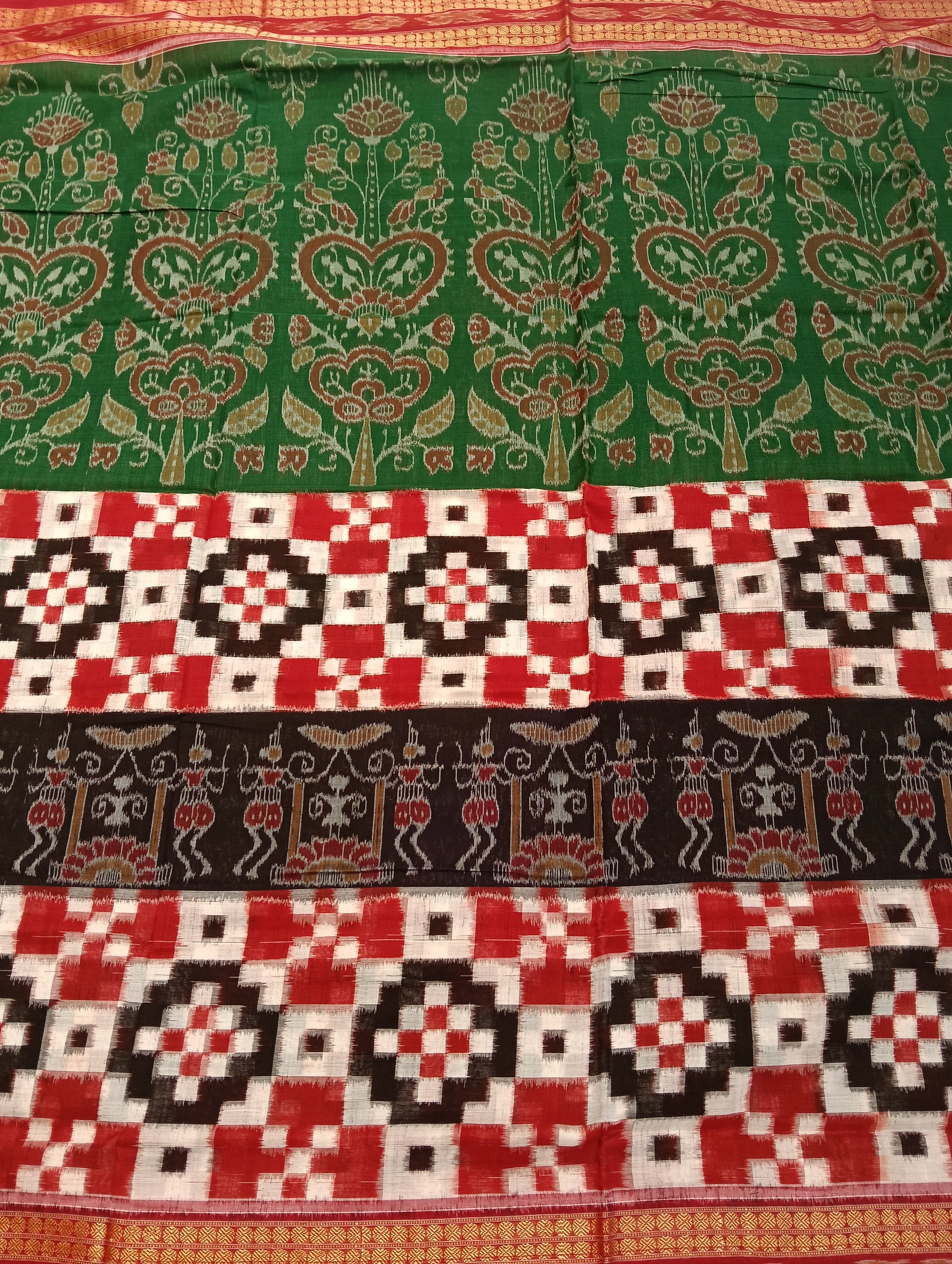Green red white sapta cotton sambalpuri saree - Tilottama