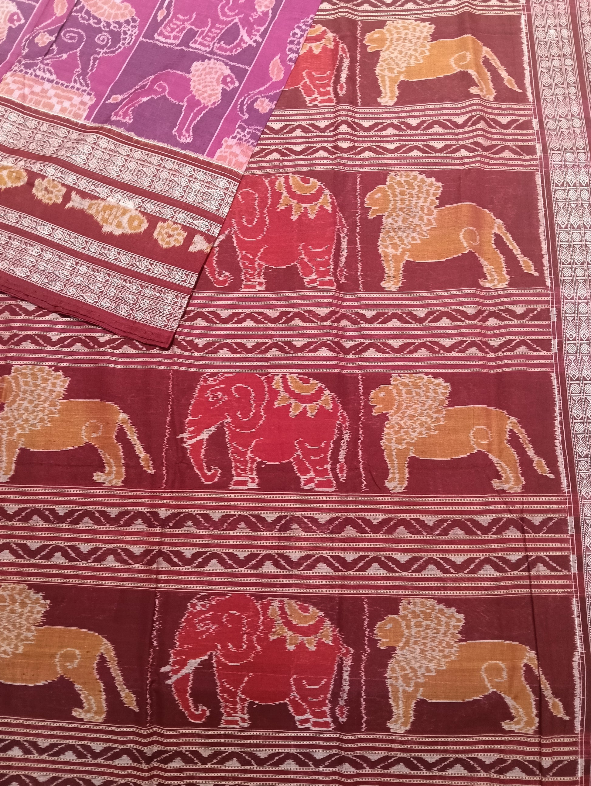 Pink merron cotton sambalpuri saree - Tilottama