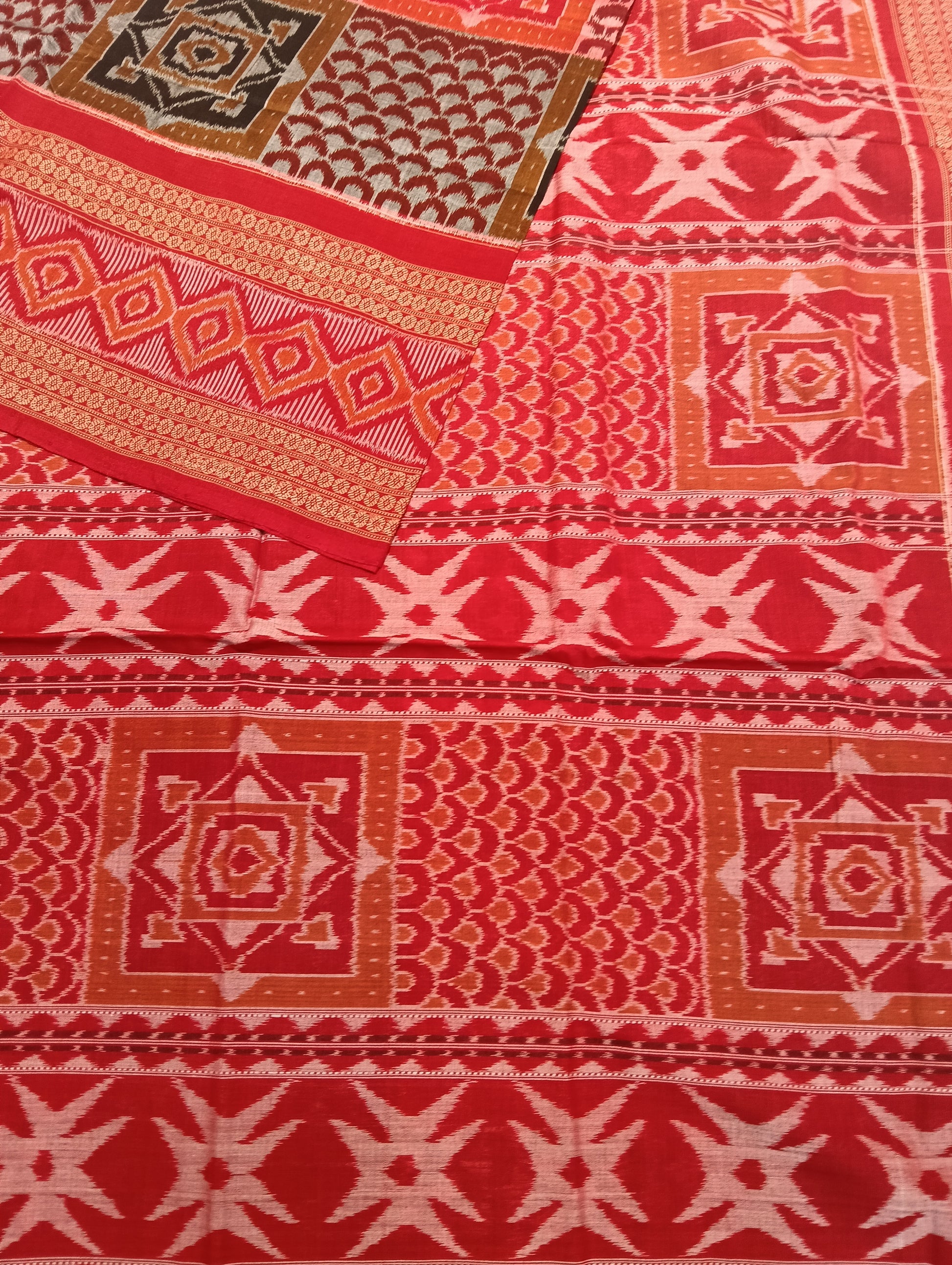 Orange red double boder cotton sambalpuri saree - Tilottama
