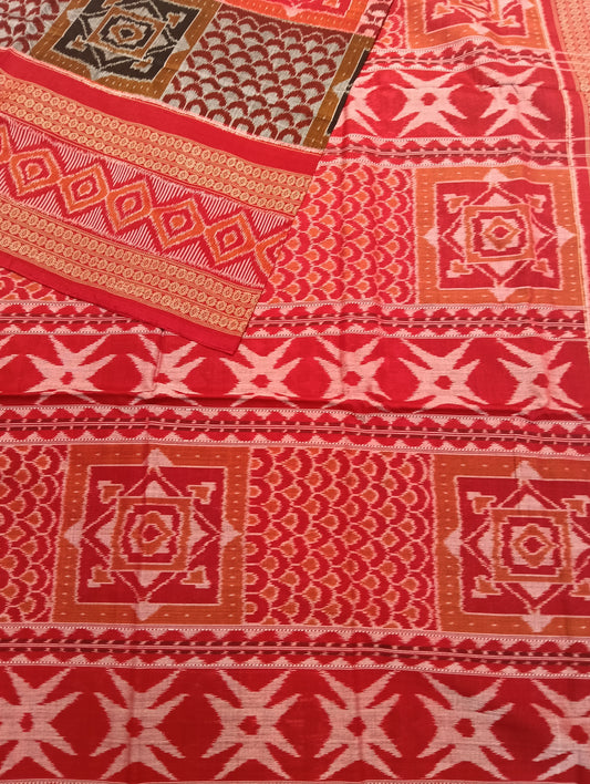 Orange red double boder cotton sambalpuri saree - Tilottama