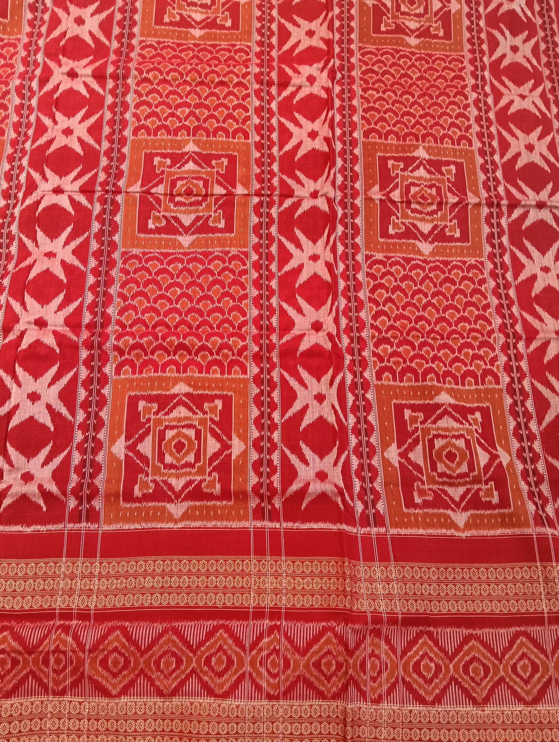 Orange red double boder cotton sambalpuri saree - Tilottama