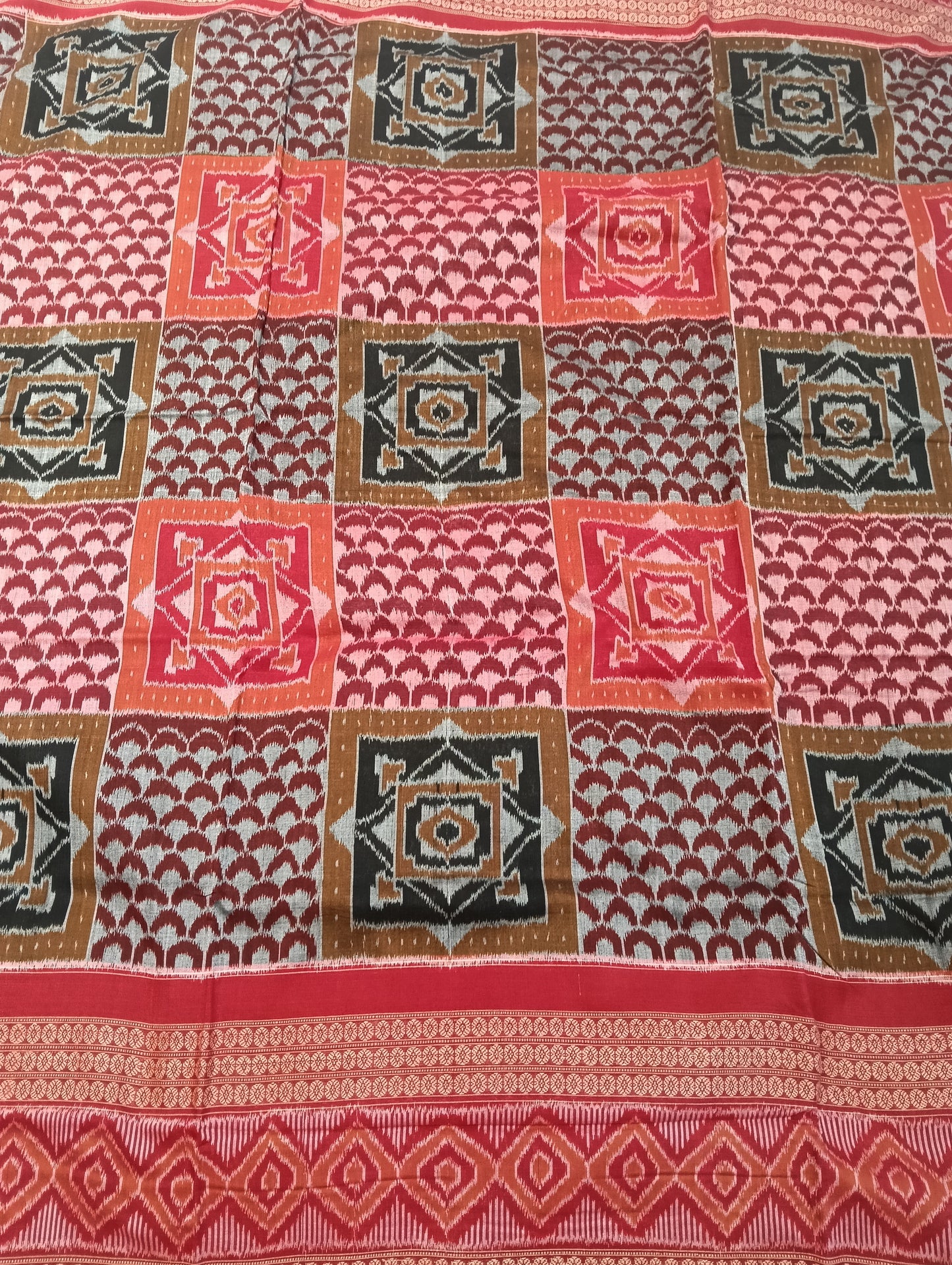 Orange red double boder cotton sambalpuri saree - Tilottama