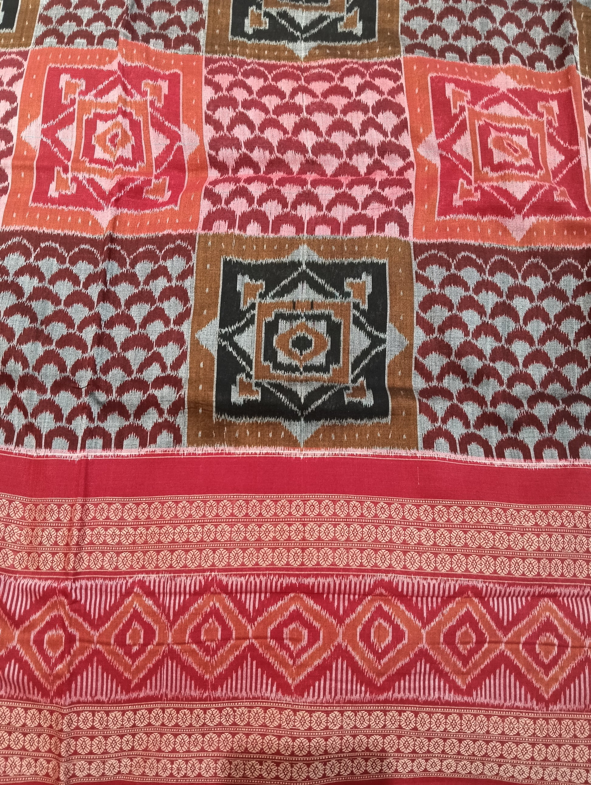 Orange red double boder cotton sambalpuri saree - Tilottama
