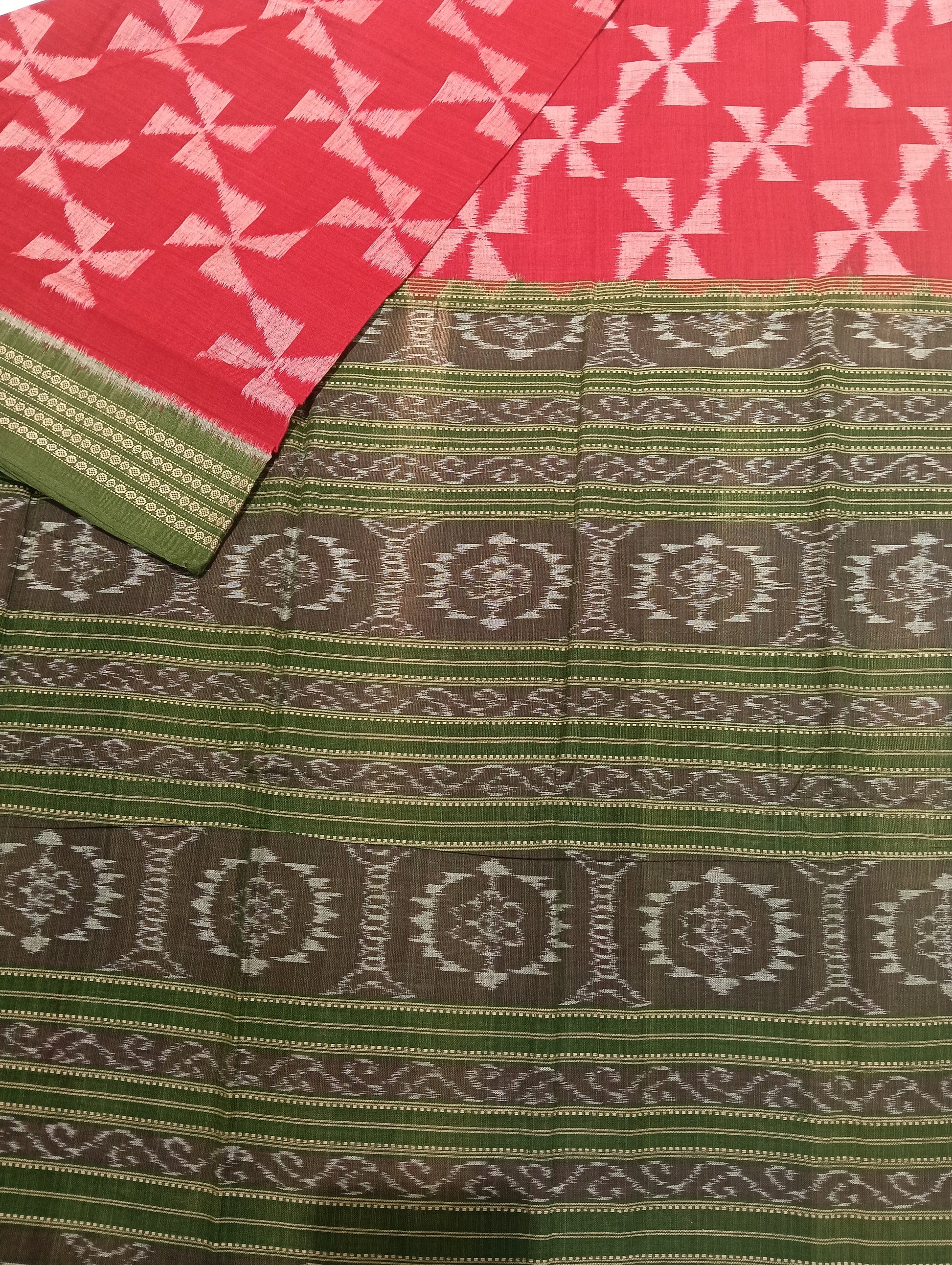 Red green cotton sambalpuri saree - Tilottama