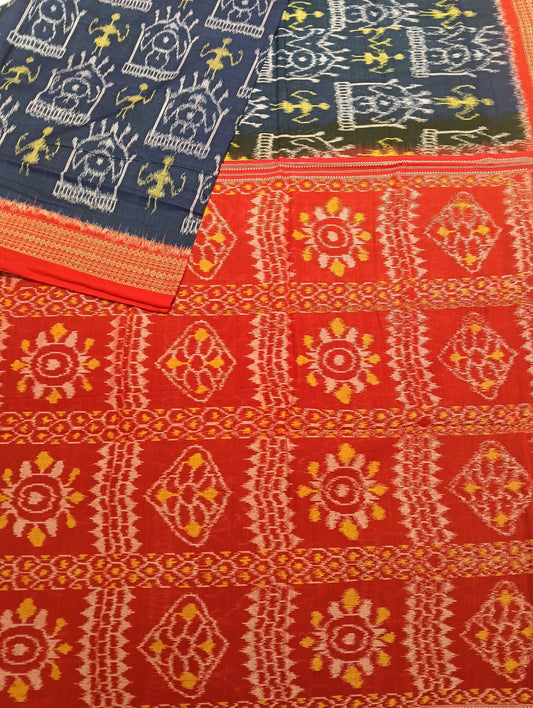 Blue red cotton sambalpuri saree - Tilottama