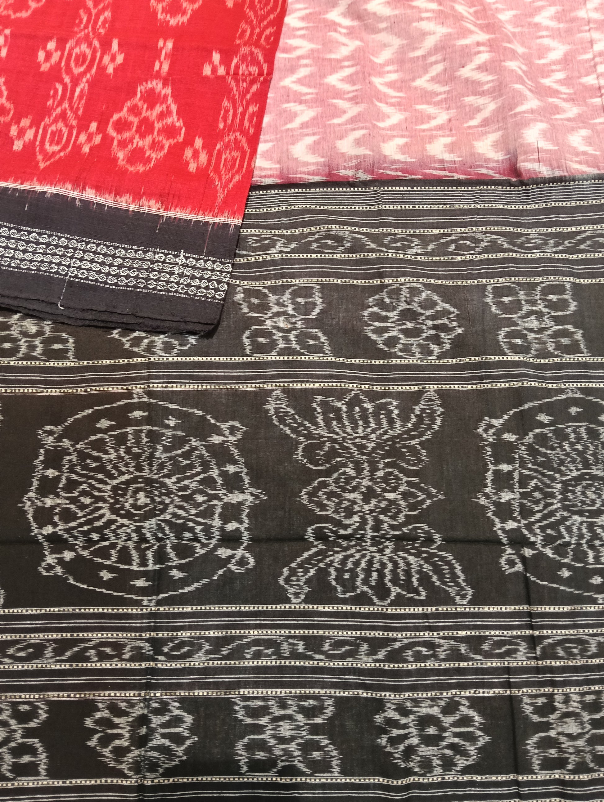 Red white black boder cotton sambalpuri saree - Tilottama