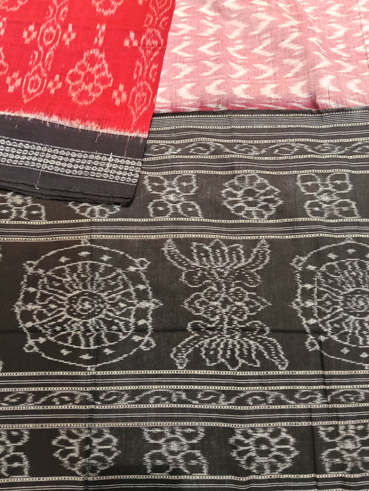 Red white black boder cotton sambalpuri saree - Tilottama