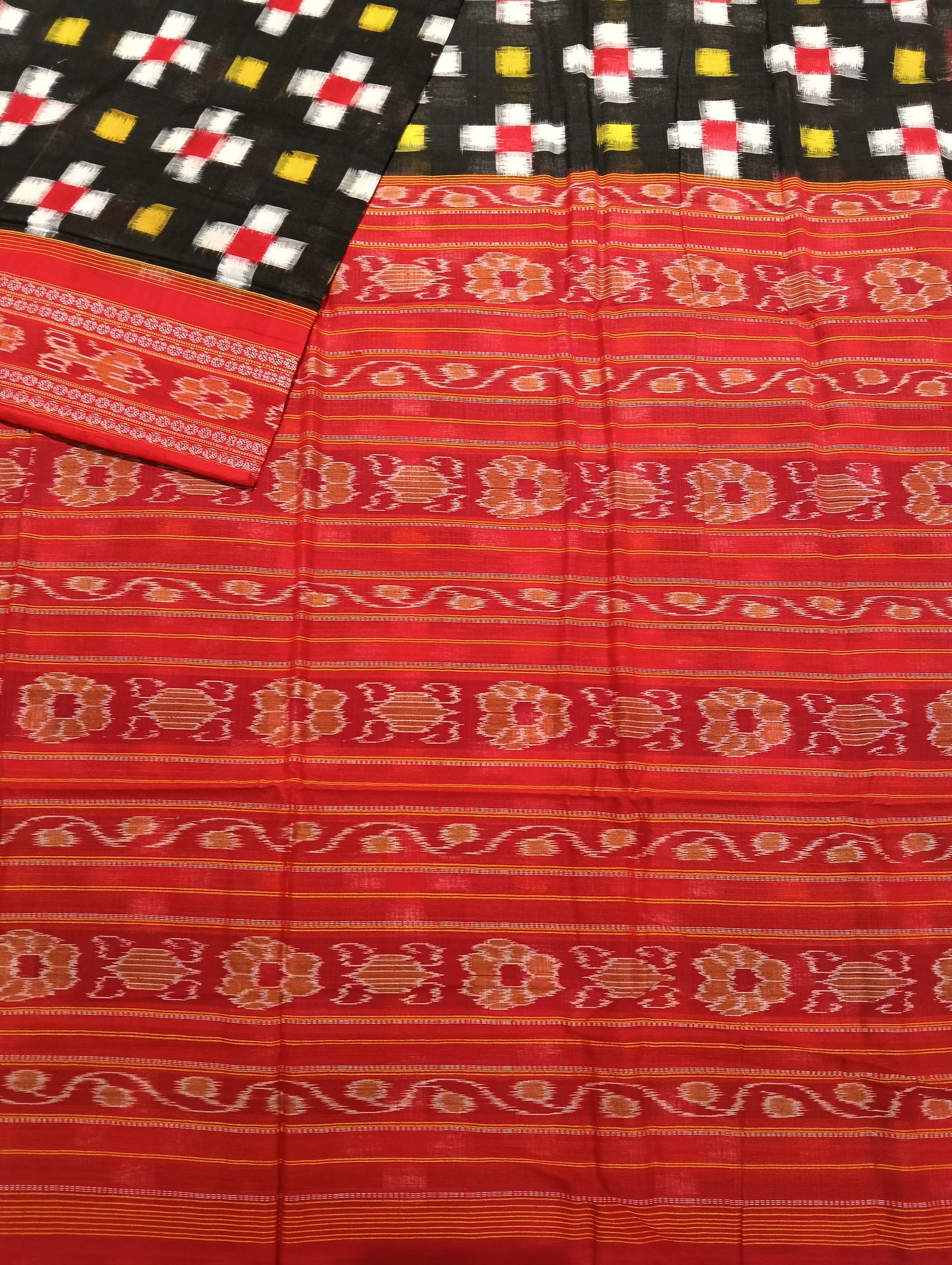 Black red yellow sapta cotton sambalpuri saree - Tilottama