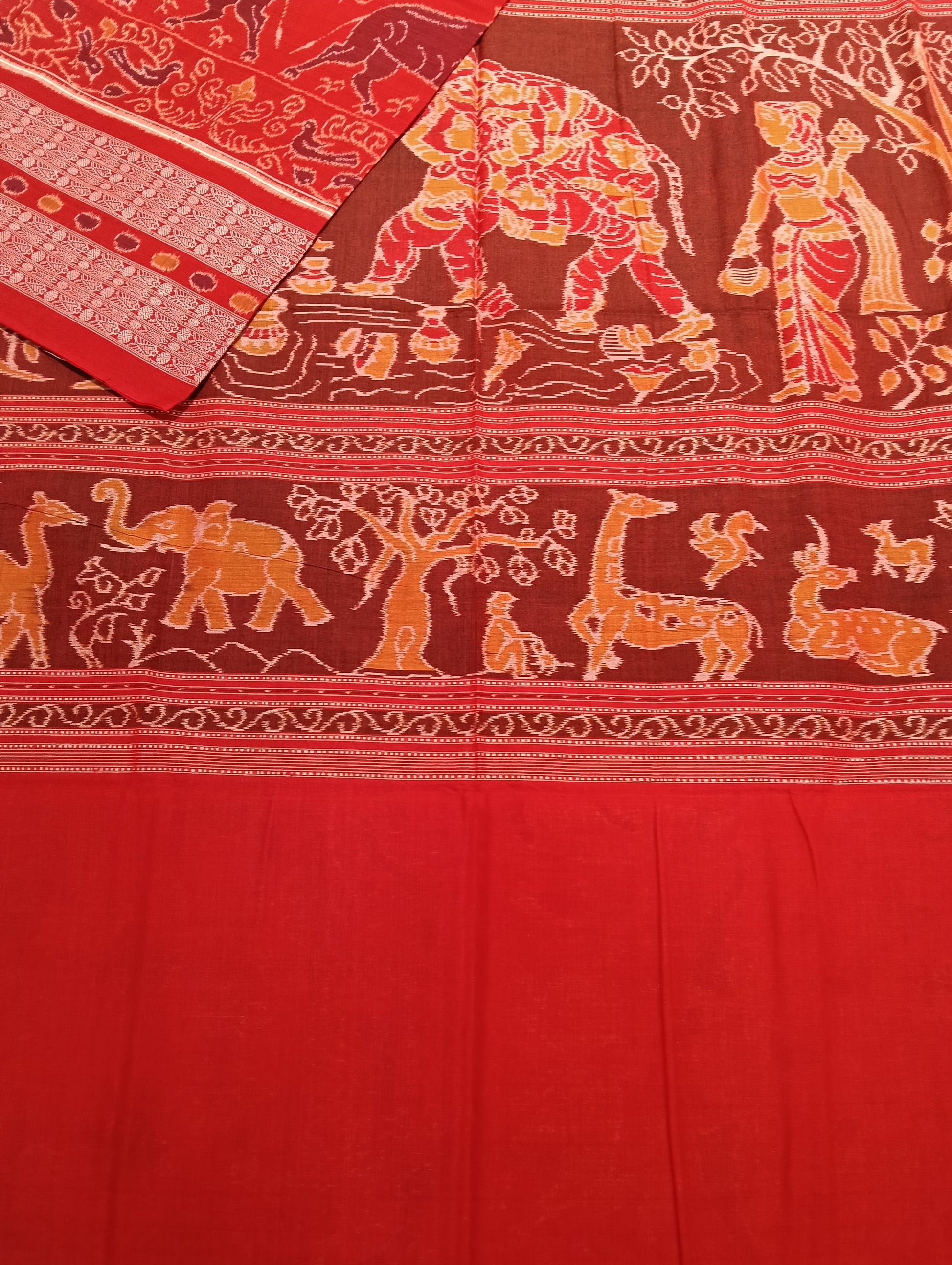 Yellow red ikat sambalpuri saree - Tilottama