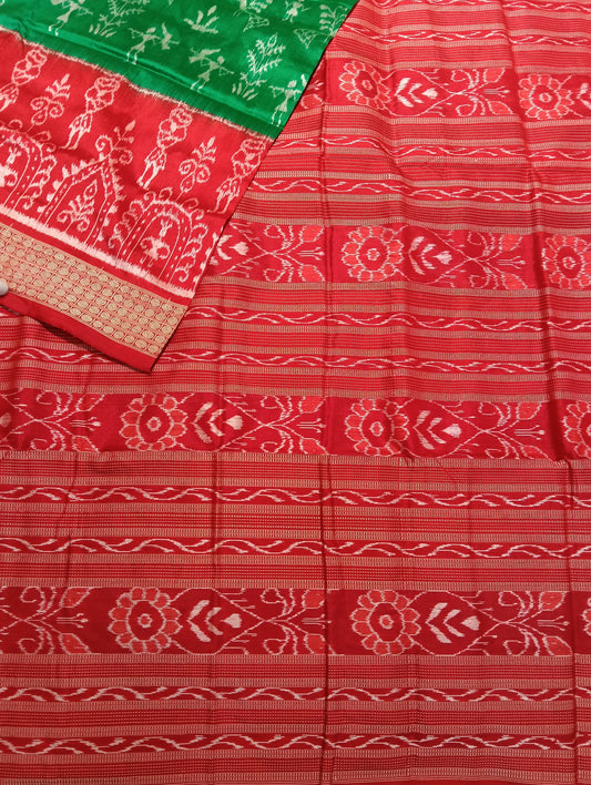 Green red sambalpuri silk patta Saree - Tilottama